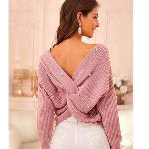 Pearl Beads Twist Back Knit Wool Sweater Small